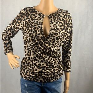 Long Sleeve Leopard Print Keyhole Faux Wrap Top